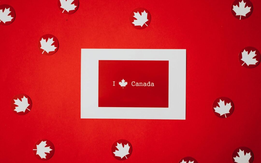 I Canada" message surrounded by maple leaf symbols on a red background, symbolizing Canada.