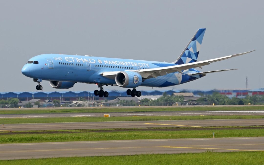 Etihad Airways plane landing, symbolizing family connections through international sponsorship travel.