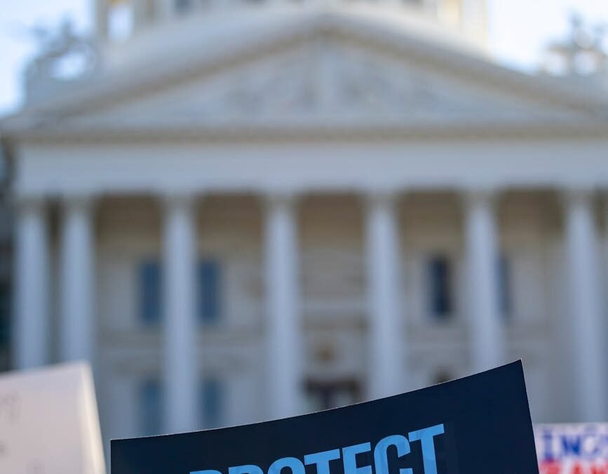 Protest sign reading 'Protect Immigrants' in front of government building, highlighting immigration law resources.